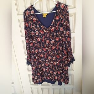 Wrangler Dress SzL Junior Mini Navy Floral  Print Lined Lace Trim Cuff Cute